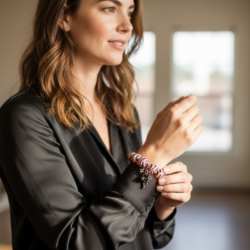 Handgemaakte roze kralenarmband met kleurrijke details en bedels